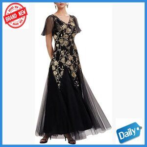 Floor Length Formal Dress with Sequin Embroidery Ruffle Sleeves V-Neck